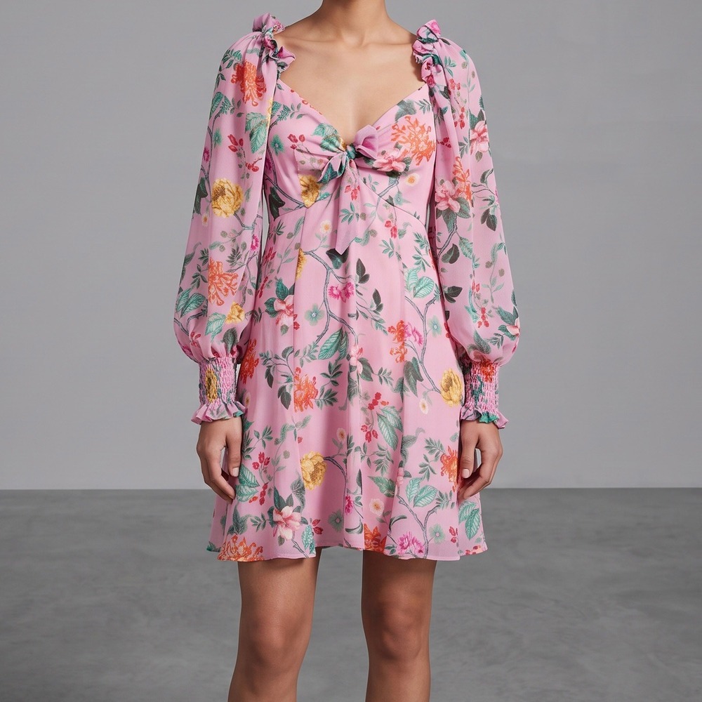 Zeynep Tosun For Koton Floral Mini Dress Balloon Sleeve Boho Pink
Size 38 / US 6